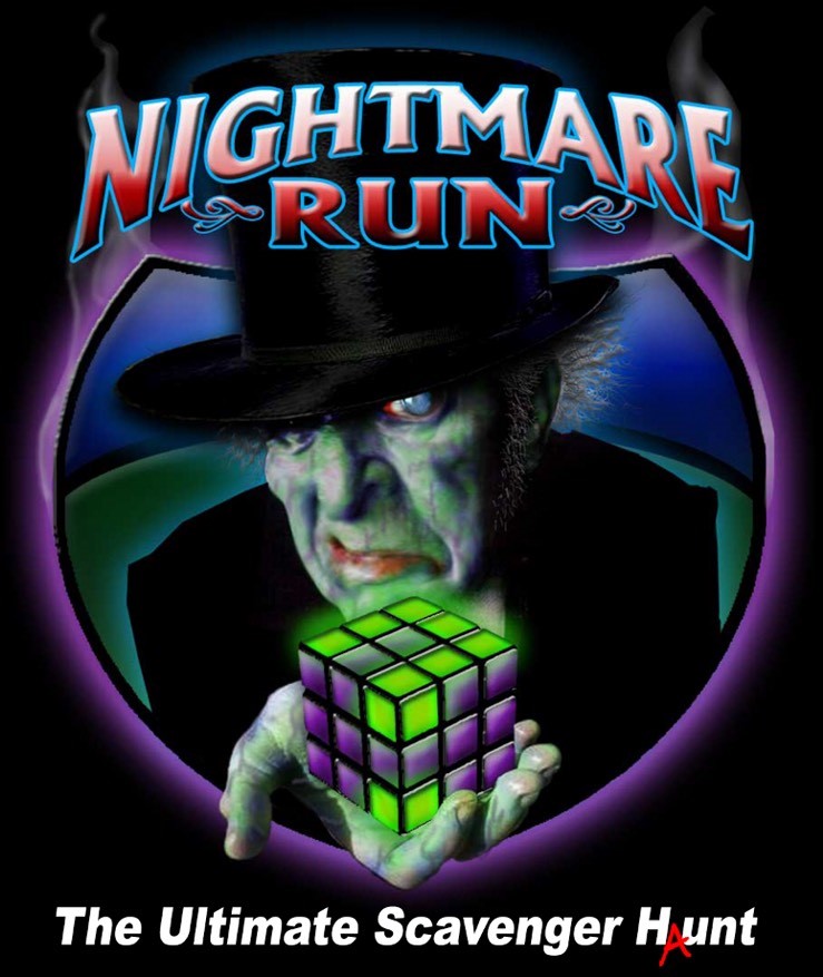 Nightmare Run logo: a grinning green ghoul in a top hat holding a glowing puzzle cube, with 'Nightmare Run' in red and blue horror lettering