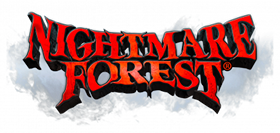 Nightmare Forest logo: jagged red horror lettering spelling 'Nightmare Forest' on a dark smoky background